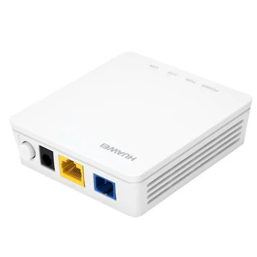 ONT Huawei blanc avec bouton marche-arrêt, alimentation, port Ethernet jaune et port fibre bleu
